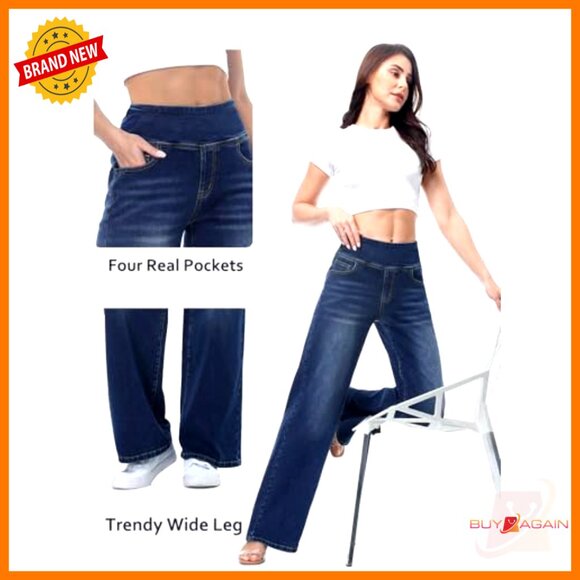 High Waisted Wide Leg Jeans Stretchy Tummy Control Straight Leg Denim Pants - Picture 5 of 6